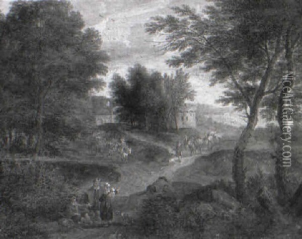 An Italianate Landscape With Travellers On A Track, A Town Beyond Oil Painting - Pieter Bout