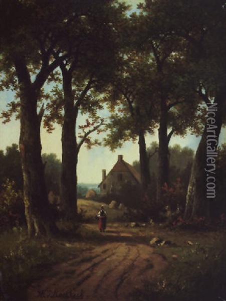 Een Bosachtig Landweg Oil Painting - Hendrik Pieter Koekkoek
