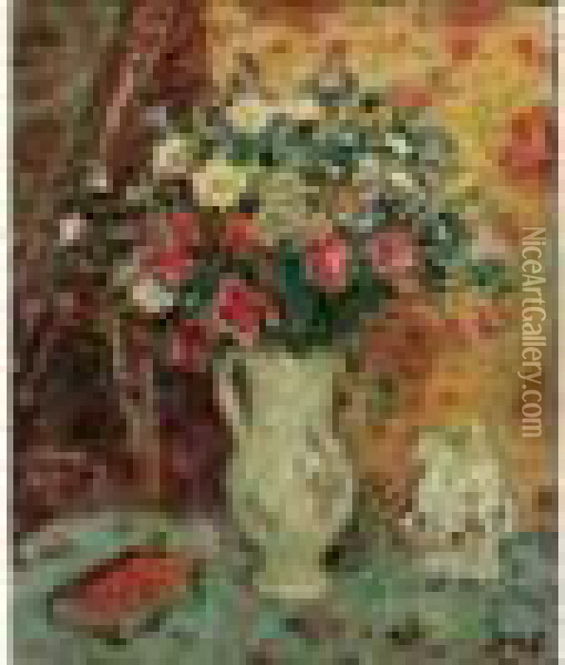 Vase De Fleurs Au Livre Rouge Oil Painting - Georges dEspagnat