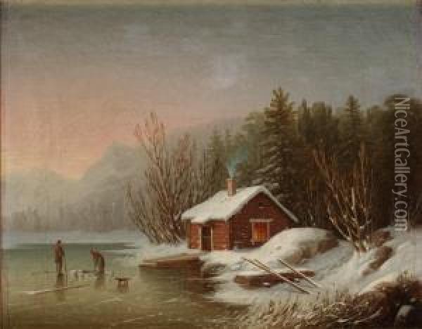 Insjolandskap Med Vinterfiskare Oil Painting - Carl Abraham Rothsten