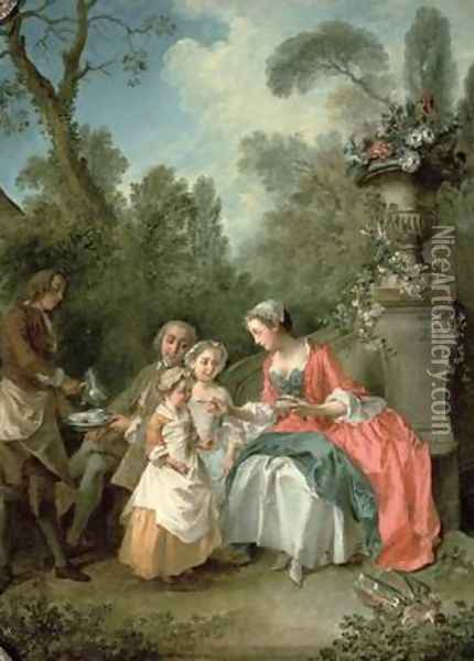 A lady and a gentleman in the Garden with two children Oil Painting - Nicolas Lancret