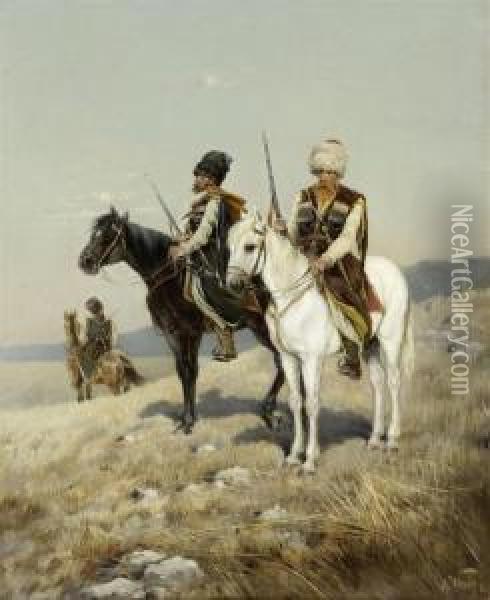 Three Cossacks On Horseback Oil Painting - Karl Bodganovich Venig