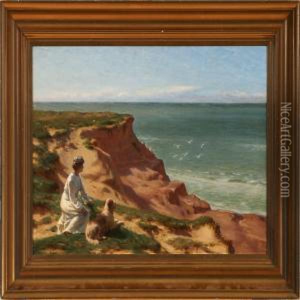 A Woman And Dogenjoying The View Over The Sea Oil Painting - N. F. Schiottz-Jensen