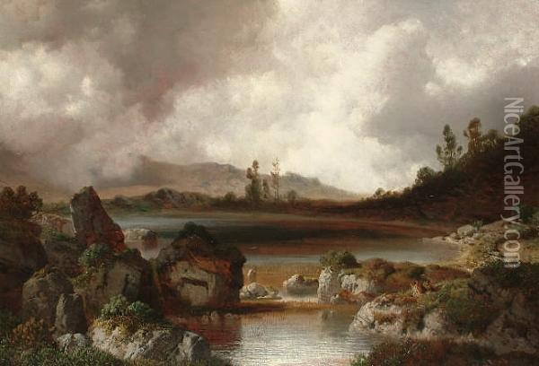 Storm Brewing Over A Rocky Landscape. Oil Painting - August Albert Zimmermann