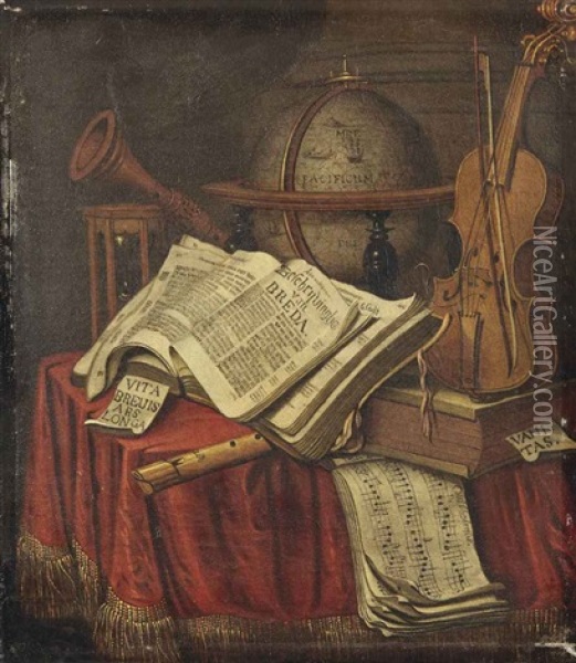 A Vanitas Still Life With A Globe, Musical Instruments, An Hourglass, An Open Copy Of Beschrijvinghe Van Breda And Sheet Music Of The Wilhelmus... Oil Painting - Edward Collier
