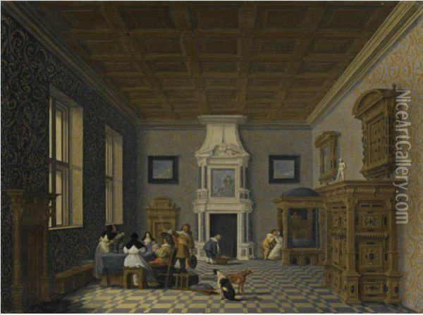 A Palace Interior With Cavaliers Cavorting With Nuns Oil Painting - Dirck Van Delen