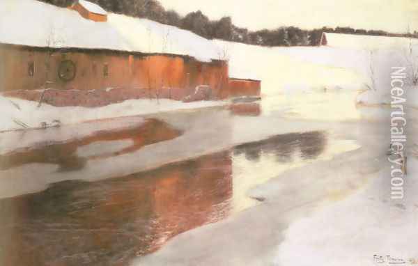 A Factory Building near an Icy River in Winter Oil Painting - Fritz Thaulow