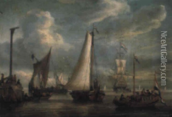 Dutch Shipping Off A Beacon And A Pile Oil Painting - Gerrit Pompe