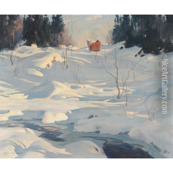 Horse-drawn Sleigh On A Winter Trail Oil Painting - Eric Riordon