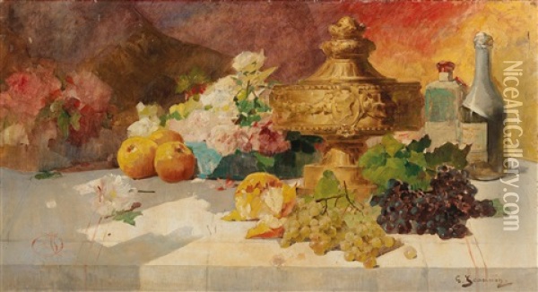 Large Still Life With Fruit,  Goblet And Flowers Oil Painting - Georges Jeannin