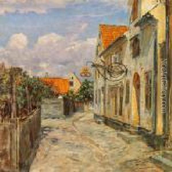 Street In Dragor With The Baker's Signpost (a Pretzel) On Ahouse Oil Painting - Viggo Johansen