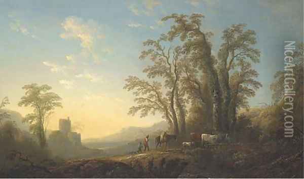 An extensive wooded landscape with cowherds and cattle on a path by the ruins of a castle Oil Painting - English School