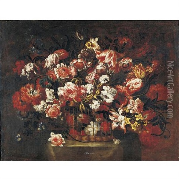 Still Life Of Flowers In A Basket Oil Painting - Gabriel de LaCorte