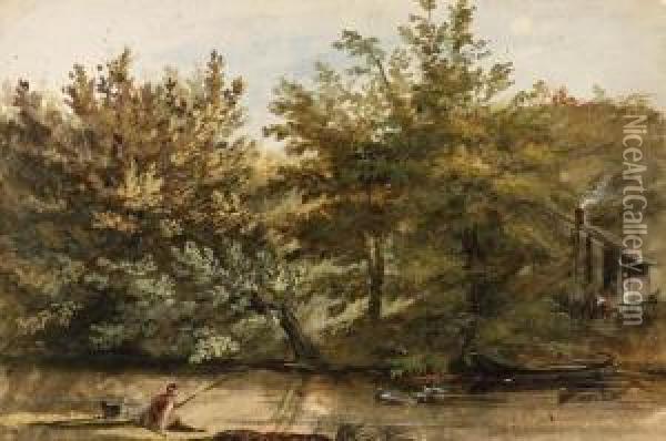 Trees On The Bank Of A River, A 
Fisherman In The Foreground And Afarmhouse In The Background Oil Painting - Jean-Pierr Houel