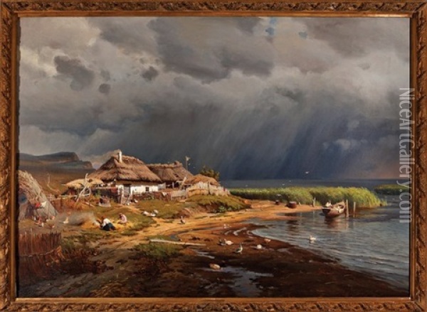 Farmer's Cottage On River Bank Oil Painting - Rufin Gavrilovich Sudkovsky
