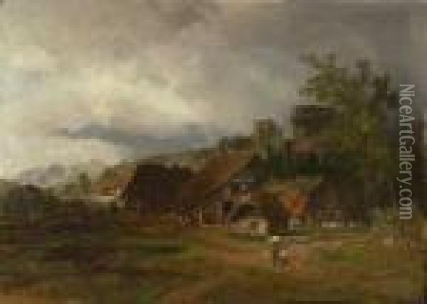 Sommertag Uber Einer Festungsruine Und Reetgedeckten Bauernhausern Oil Painting - Oswald Achenbach