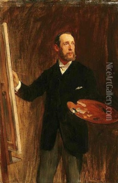 Self-portrait Of The Artist, Standing At An Easel Oil Painting - John Seymour Lucas