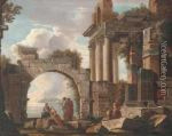 A Capriccio Of Classical Ruins With Figures Conversing, A Lakebeyond Oil Painting - Giovanni Niccolo Servandoni