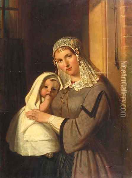 A woman in the regional costume of Gouda holding a child Oil Painting - Jan Adam Janszoon Kruseman