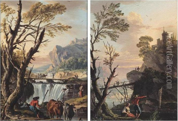 A River Landscape With A Drover Watering His Cattle Before A Bridge Oil Painting - Charles Francois Lacroix de Marseille