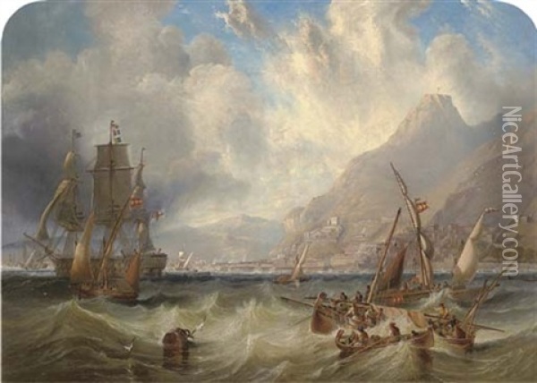A Large Second Rate (h.m.s. Asia?) Passing Through Local Small Craft Off Gibraltar Oil Painting - John Wilson Carmichael