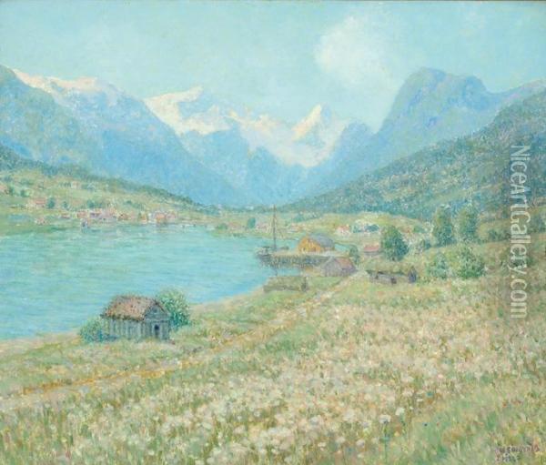 Mountains In A Norwegian River Landscape Near Olden Oil Painting - William Henry, Singer Jnr.
