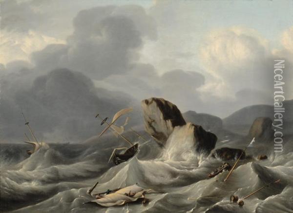 Shipwreck On A Rocky Coast Oil Painting - Ludolf Backhuijzen Ii