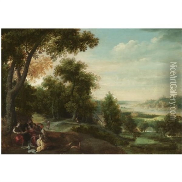 An Extensive Landscape With A Mythological Scene (collab. W/gillis Mostaert Hulst) Oil Painting - Jacob Grimmer