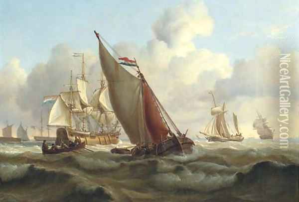 Busy shipping lanes off a harbour with a three-masked Dutch merchantman hove-to to take on the pilot Oil Painting - Charles Martin Powell