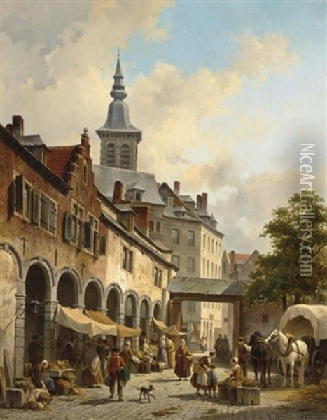 A Busy Market On A Town Square Oil Painting - Jacques Francois Carabain
