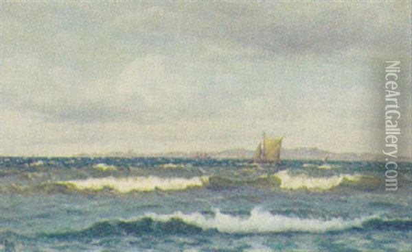 Marine Med Sejlskibe Og Damper Pa Havet Udfor Kyst Oil Painting - Holger Luebbers