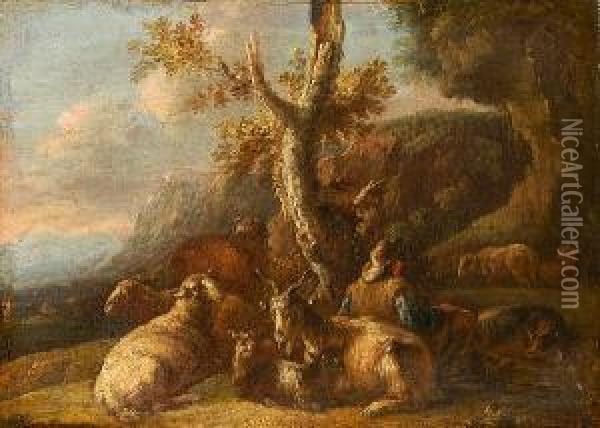 Shepherd With His Flock In An Extensive Landscape Oil Painting - Domenico Brandi