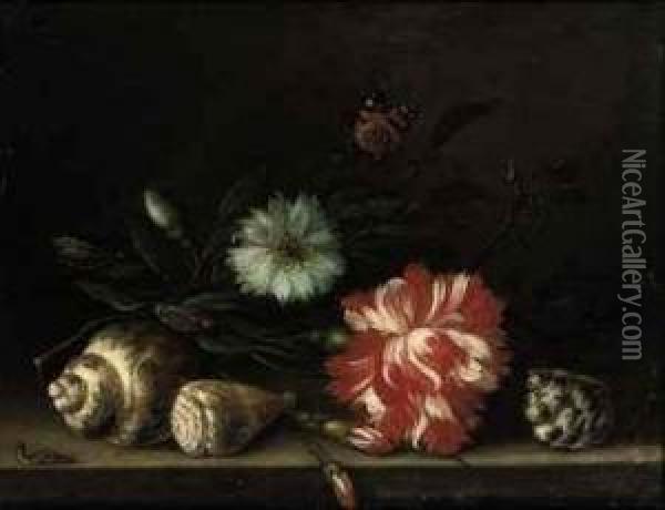 Carnations, Various Other Flowers And A Shell With A Caterpillar Ona Stone Ledge, A Butterfly, Dragonflies And A Ladybird Nearby Oil Painting - Balthasar Van Der Ast