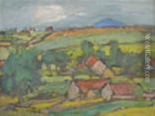 Cottages Amongst Hills, Possibly Fifshire Oil Painting - George Leslie Hunter