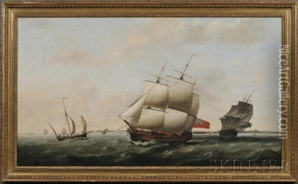 The Merchantman Frigate 
Neptune 
And Other Vessels In Coastal Waters Oil Painting - John Wilson Carmichael