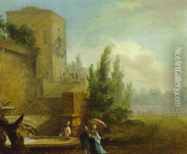 An Italianate Landscape With Elegant Figures By A Fountain Before A Villa Oil Painting - Hubert Robert