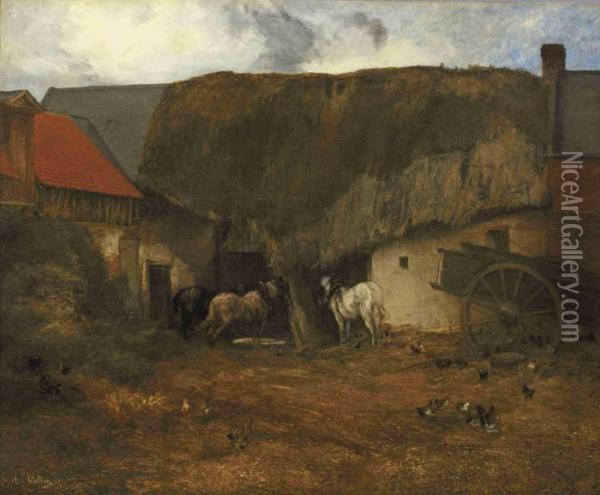 Horses By A Stable Oil Painting - Antoine Vollon