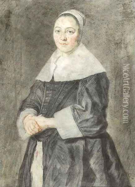 Portrait of a lady, small three quarter length, in a black dress with a white collar and white cuffs Oil Painting - Frans Hals