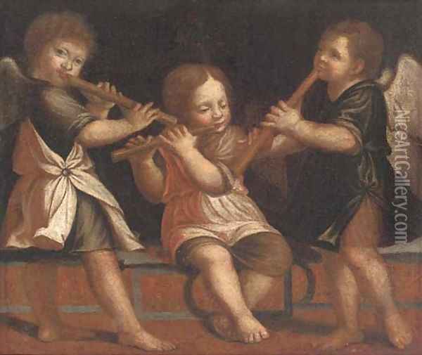 Three putti playing flutes Oil Painting - Jacopo Tintoretto (Robusti)