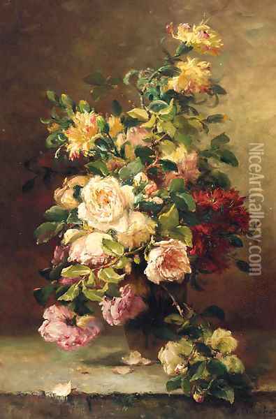 Roses In A Vase On A Stone Ledge Oil Painting - Eugene Henri Cauchois