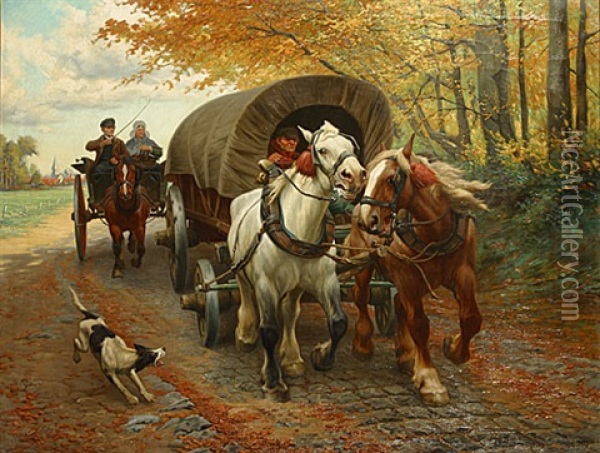 Huifkar Met Paarden Aan De Rand Van Het Bos Oil Painting - Jef Louis Van Leemputten