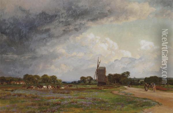Cattle Grazing Before A Windmill Oil Painting - Alfred Parsons