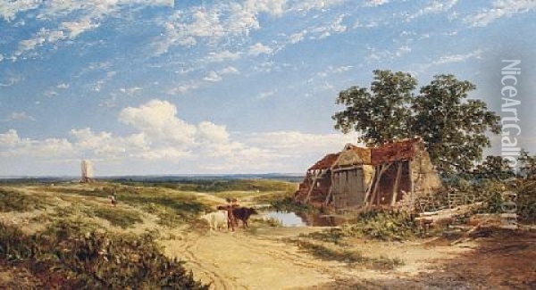 Windmill In An Extensive Summer Landscape, Near Great Missenden Oil Painting - Edmund John Niemann