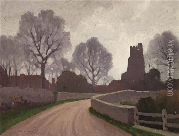 Stoke Canon Church, Devonshire Oil Painting - Elioth Gruner