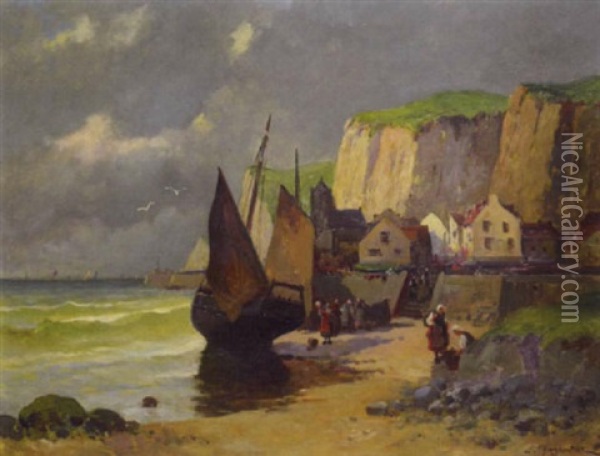 Village De Pecheurs En Normandie oil painting reproduction by Eugene Louis  Charpentier 