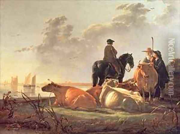 Peasants and Cattle by the River Merwede Oil Painting - Aelbert Cuyp