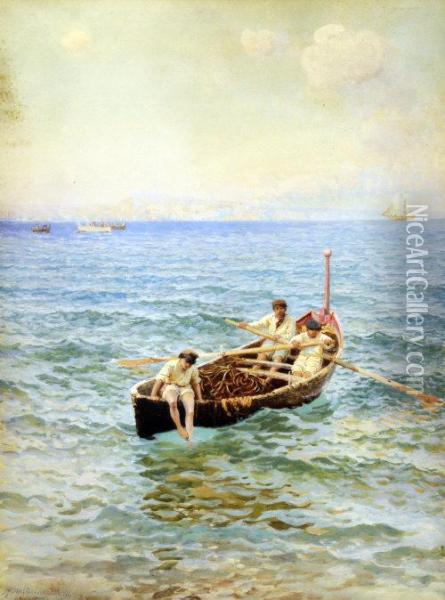 Toe Dipping, Mediterranean Seascape With Figures In A Rowingboat Oil Painting - Hamilton Macallum