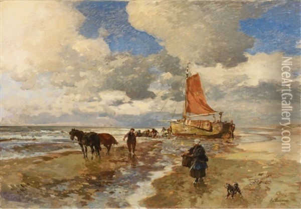 Coastal Landscape With Fishermen Oil Painting - Gregor von Bochmann the Elder
