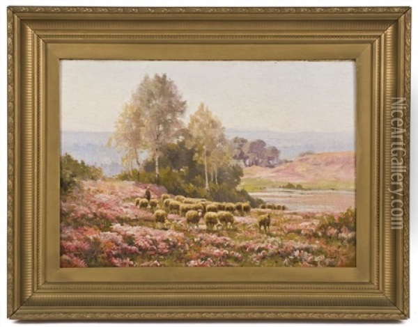 Shepherd With Sheep In A Meadow Of Flowers Oil Painting - Edouard Pail