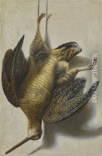 A Trompe L'oeil With A Woodcock Hanging Before A Wall Oil Painting - Cornelis (Bilcius) Biltius